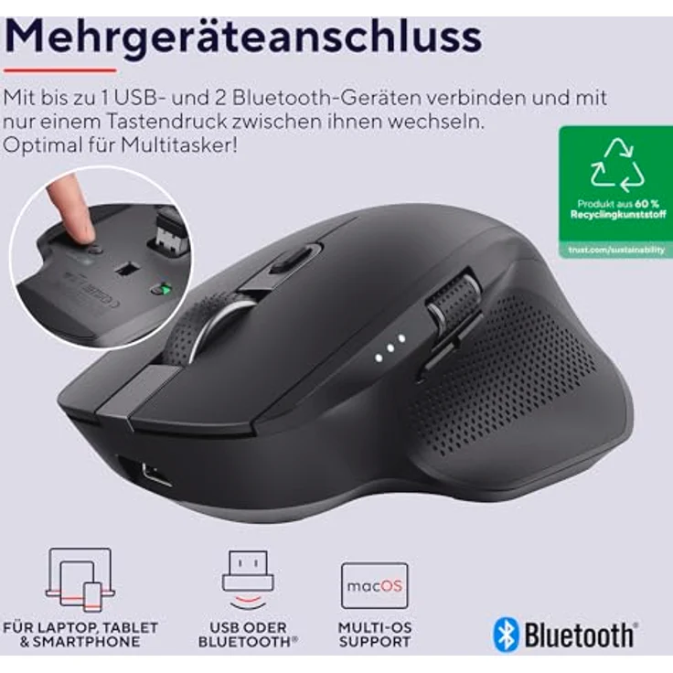 Trust Ozaa+ Kabellose Maus Bluetooth + 2.4GHz, Programmierbare Mehrgeräte Funkmaus, Seitliches Mausrad, 60% Recyclingkunststoff Wiederaufladbare Leise Bluetooth Maus Laptop Computer Mac, Schwarz – Bild 2