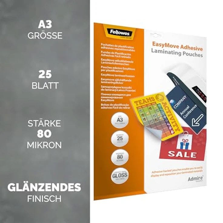Fellowes Admire EasyDisplay Laminierfolien A3, glänzend, 80 micron, selbstklebender Rücken, 25 St. – Bild 2