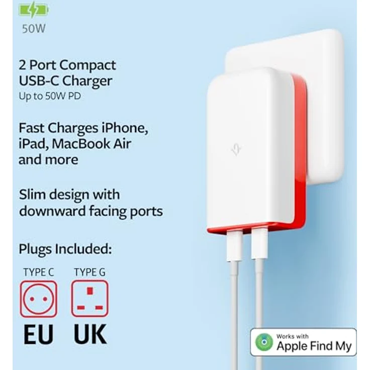 Twelve South USB-C PD 50W Wandladegerät PlugBug mit Find My GaN, Weiß - Schnellaufladung, kompaktes Design, Apple Find My – Bild 2