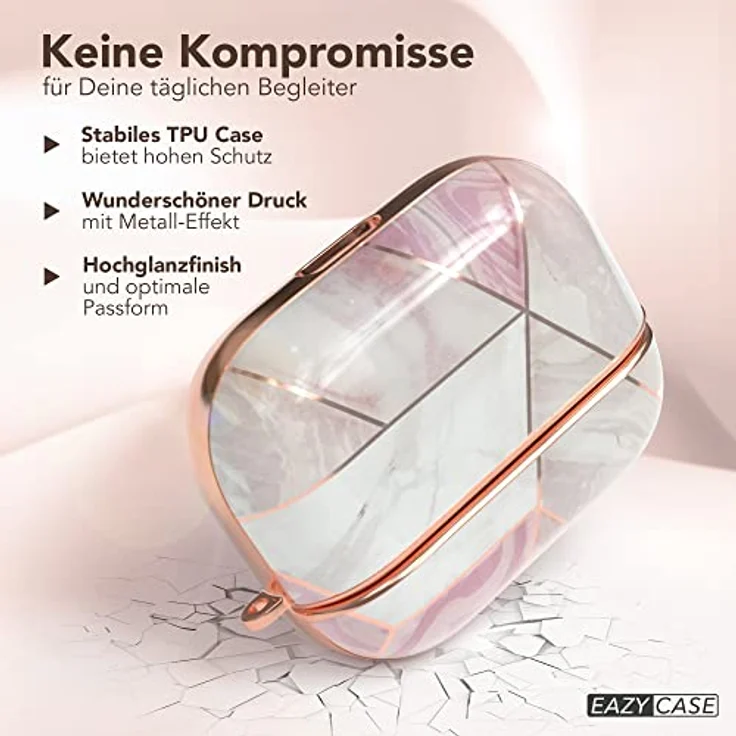 EAZY CASE AirPods Pro Hülle Pink Hard Case Stoßfest mit Karabiner Rosé Marmor Design, rutschfest und antikratz - für Airpod Pro 1. Generation – Bild 4