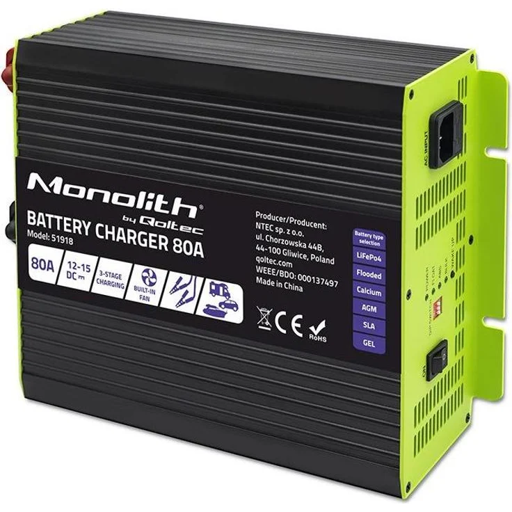 Qoltec Monolith 80A professionelle LiFePO4 AGM GEL SLA Ladegerät, 12V PC Netzteil