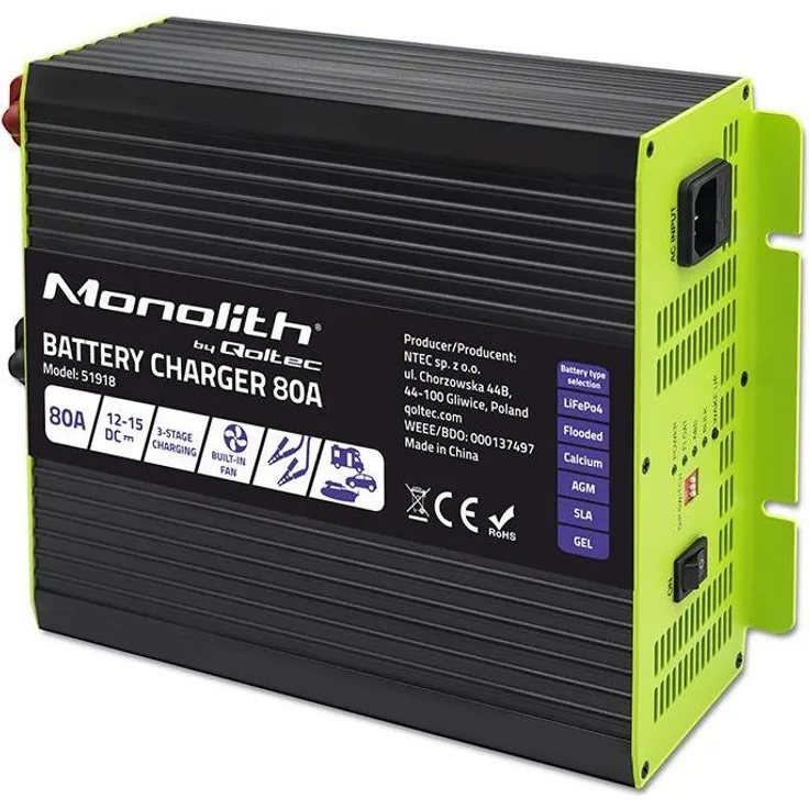 Qoltec Monolith 80A professionelle LiFePO4 AGM GEL SLA Ladegerät, 12V PC Netzteil