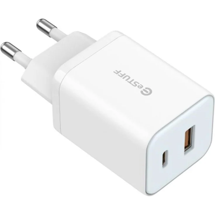 eSTUFF Home Charger 65W GaN, USB-C Ladegerät mit 2 Ports, weisse Farbe, unterstützt Apple Fast Charge und Quick Charge 3.0