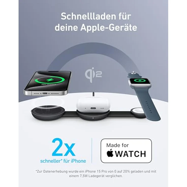 Anker MagGo 3-in-1 Kabellose Ladestation, 15W Schnellladen, Faltbares Reise-Ladepad (Schwarz) – Bild 3
