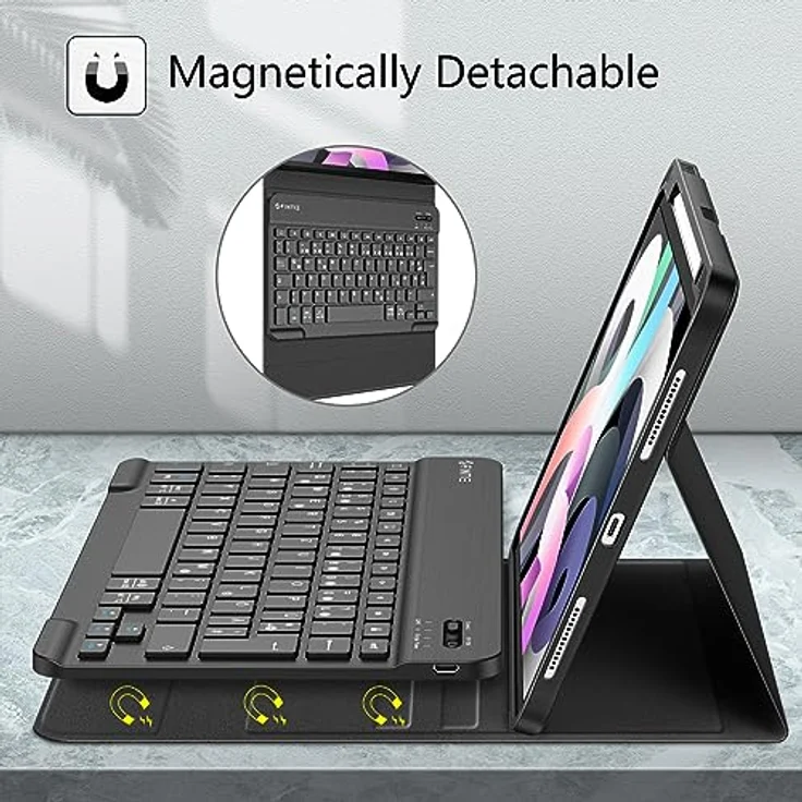 Fintie Tastatur Hülle für iPad Air 11 Zoll M2, iPad Air 6/5/4 (2024/2022/2020) 10,9 Zoll, Schwarz, mit magnetisch Abnehmbarer Keyboard (QWERTZ Layout) und Stifthalter – Bild 3