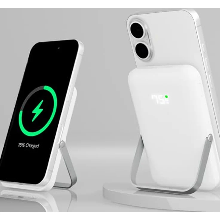 Qualo Power Bank 10000mAh, Induktive Schnellladestation mit 15W, Kabellos und Kompakt, Weiß, mit integriertem Ständer und LED Anzeige – Bild 5