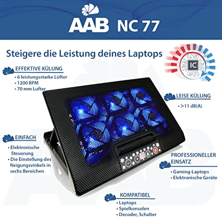 AAB Cooling NC77 - Laptop Lüfter Unterlage mit 6 Lüftern, Einstellbare Neigung und Blau LED, Cooling Pad, Laptop Stand, Auflage für Laptops bis 17 Zoll und PS4 / XBOX Consolen, Laptop Cooler – Bild 3