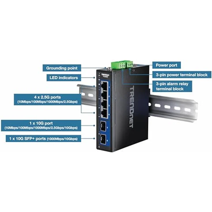 Trendnet 6-Port Industrial 2.5G DIN-Rail Switch mit 10G SFP, Netzwerk Switch mit PoE, Schwarz – Bild 8