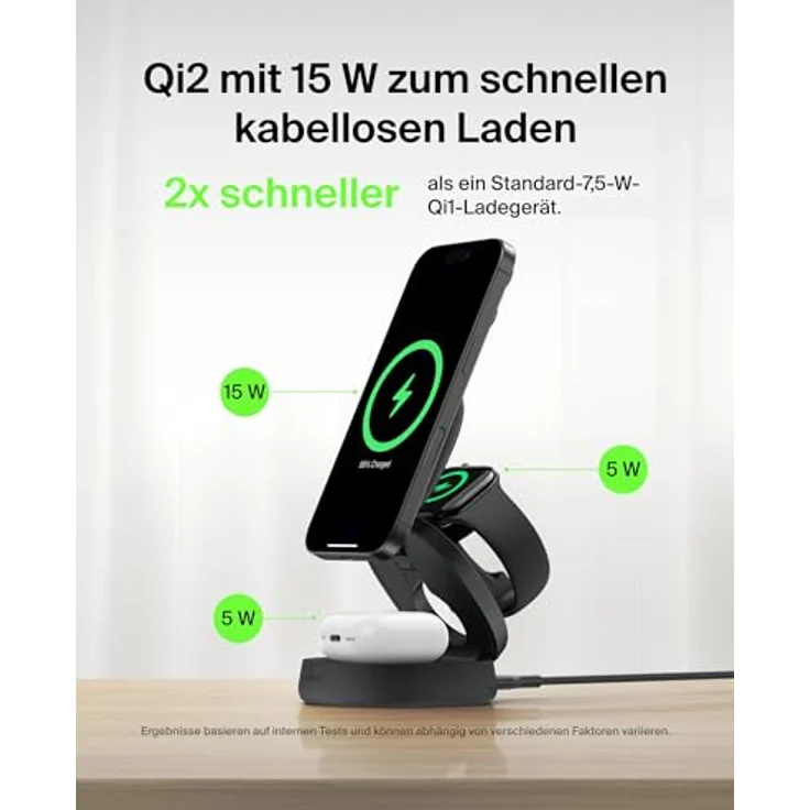 Belkin MagSafe Ladegerät 3-in-1 Ladestation, kabellos 15-W für iPhone 16, Apple Watch und AirPods, Qi2-zertifiziert, klappbar, inkl. 36-W-Netzteil – Schwarz – Bild 3