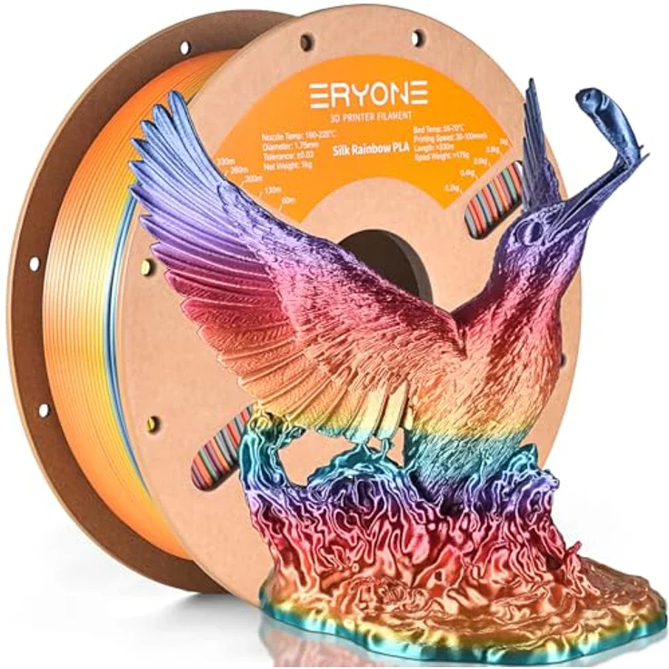 ERYONE Ultra Shiny Silk PLA Filament 1.75mm, Multicolor Rainbow, 1kg Spule, Hochwertiges 3D Druckmaterial mit schnellem Farbverlauf – Bild 1