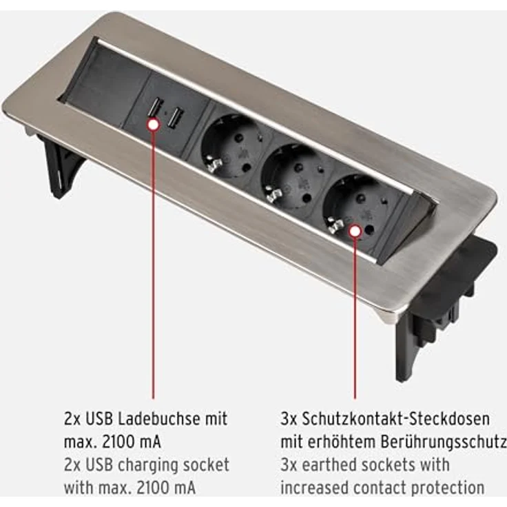 Brennenstuhl Indesk Power USB-Charger Tischsteckdosenleiste - Versenkbare Steckdose 3-fach (2 USB Ladebuchsen, 2m Kabel) silber-schwarz – Bild 3