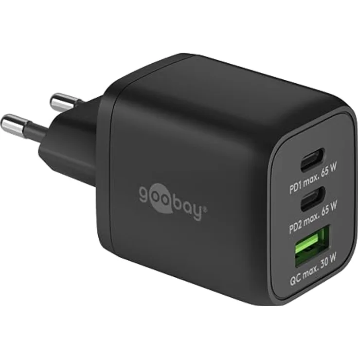 Goobay 64753 Schnellladegerät USB C PD Nano (65 W) / 2 x USB C PD 1 x USB-A Quick Charge/Netzteil für iPhone und andere Handy-Ladekabel/Schwarz