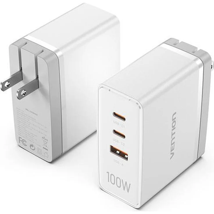 Vention FEGW0-EU Wall Charger, 2xUSB-C und 1xUSB-A, 100W GaN Schnellladegerät, weiß