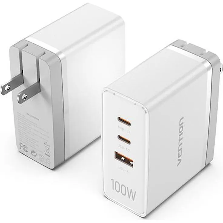 Vention FEGW0-EU Wall Charger, 2xUSB-C und 1xUSB-A, 100W GaN Schnellladegerät, weiß