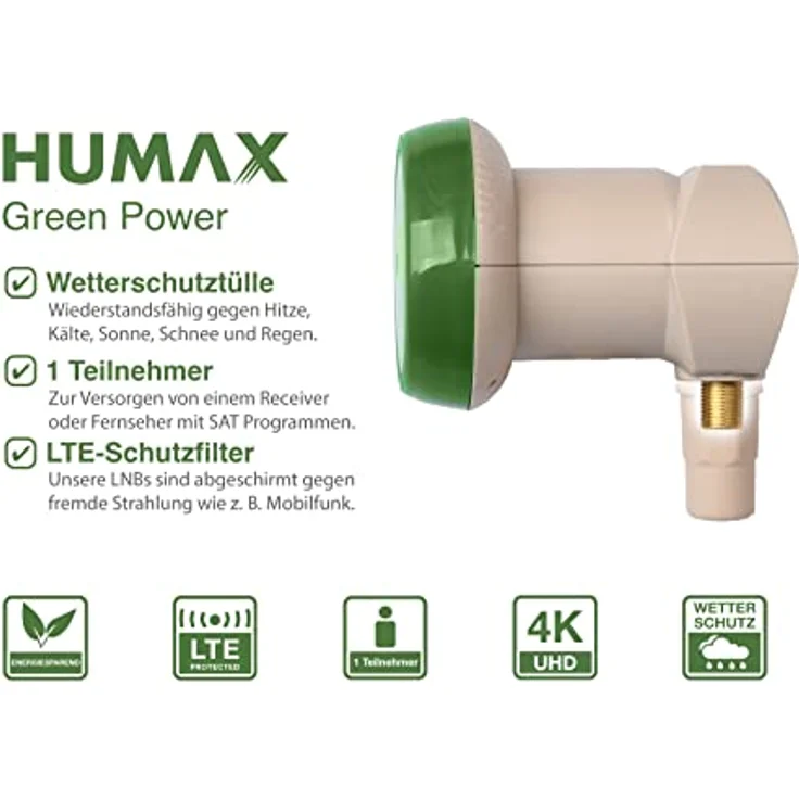 HUMAX Green Power Single-LNB, Stromspar-LNB, Satelliten universal LNB, LTE-Filter, 1 Teilnehmer inkl. Wetterschutzgehäuse und vergoldete F-Buchse, für digitales Fernsehen in HD, Full HD und 4K UHD – Bild 3