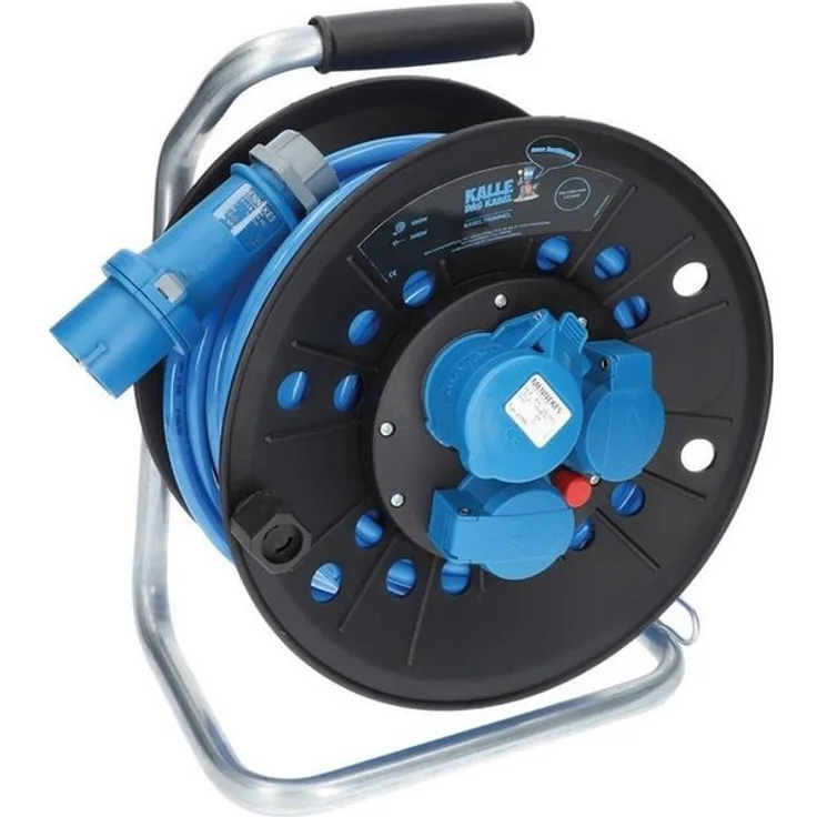 KALLE DAS KABEL Kalle Campingkabeltrommel 25m, CEE 230V 16A, blau, IP44, Thermoschutzschalter, ergonomischer Griff