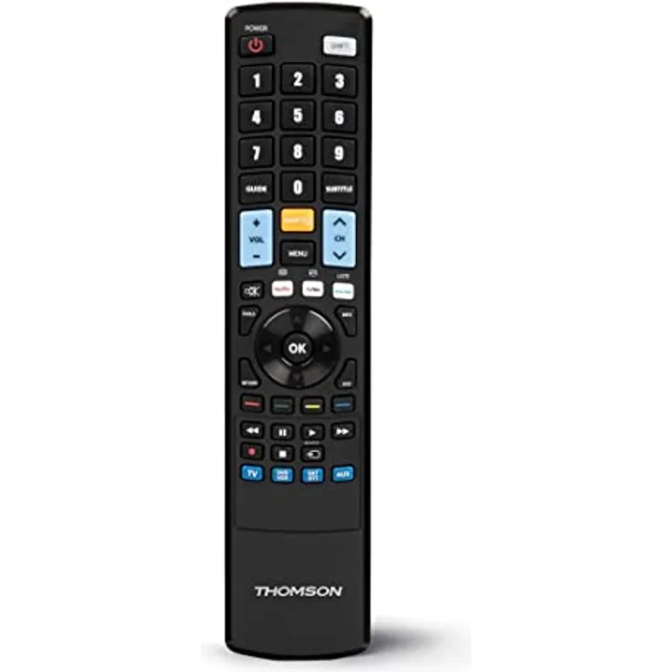 Thomson Universalfernbedienung „ROC4301“ für Smart TV (Infrarot, Ersatzfernbedienung, Universal Fernbedienung, programmierbar, für 4 Geräte, für TV/DVD/Bluray/STB/VCR/Audio, Streaming Tasten) schwarz