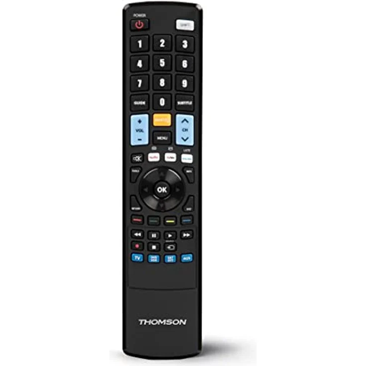 Thomson Universalfernbedienung „ROC4301“ für Smart TV (Infrarot, Ersatzfernbedienung, Universal Fernbedienung, programmierbar, für 4 Geräte, für TV/DVD/Bluray/STB/VCR/Audio, Streaming Tasten) schwarz