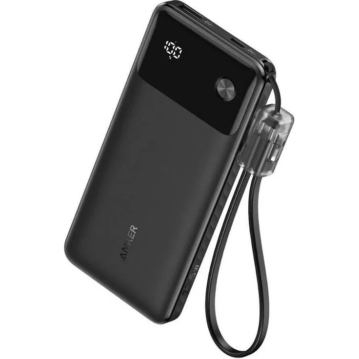 Anker 10.000 mAh Powerbank, 22,5W, black - Schlankes Design, Integriertes USB-C Kabel, 2-faches Schnellladen