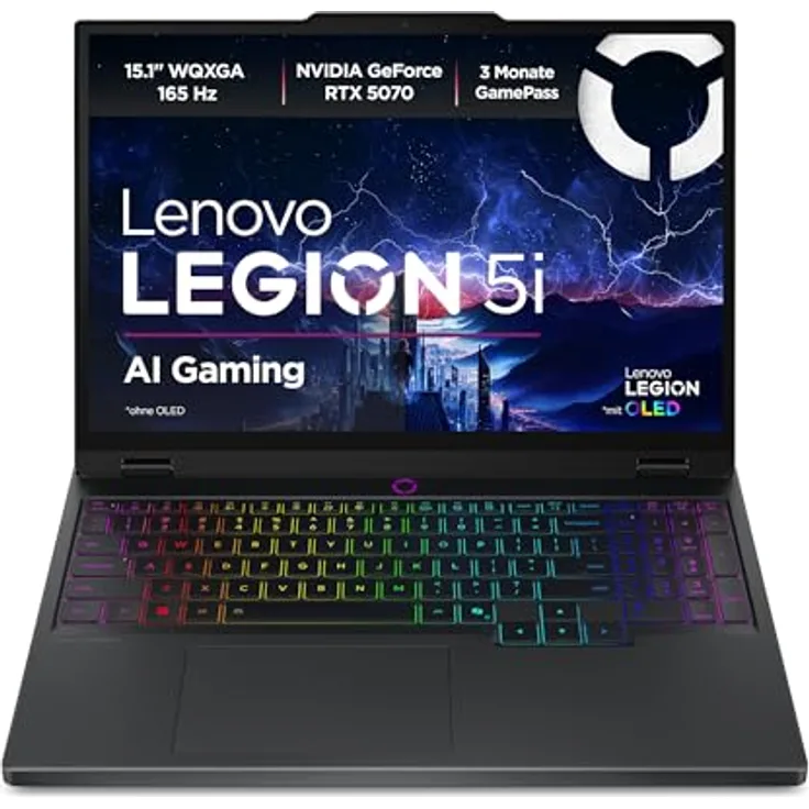 Lenovo Legion 5i 15IRX10 Gaming AI Laptop, 15.1" WQXGA 165Hz OLED, NVIDIA GeForce RTX 5070, Intel Core i7-13650HX, 32GB RAM, 1TB SSD, Win11, QWERTZ, Eclipse Black, 3 Monate GamePass