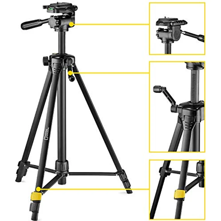 National Geographic Fotostativ-Kit, medium, 3-Wege-Kopf, Schnellwechselplatte, 3 Beinsegmente, Klemmverschluss, Kurbelmittelsäule, trägt bis zu 1.5 kg, Aluminium, für Canon, Nikon, Sony, NGHP00 – Bild 4