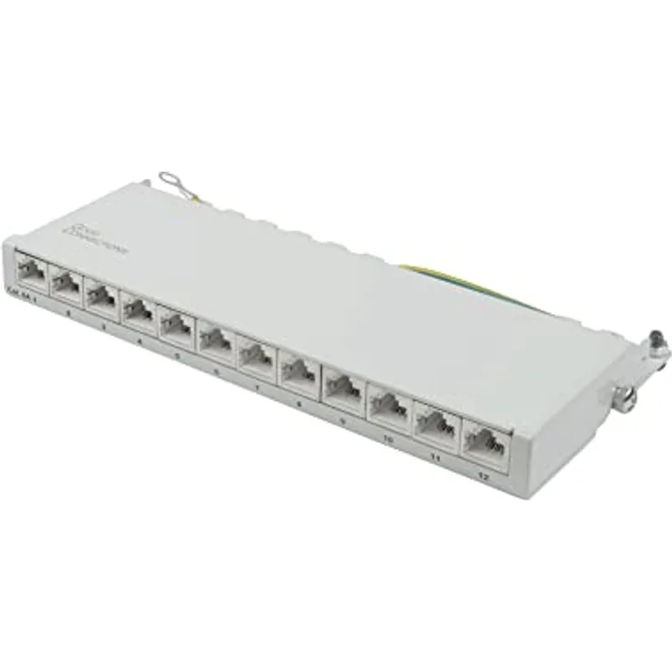 Good Connections Patchpanel / Patchfeld - Desktop - Cat. 6A, 500 MHz - 10-GIGABIT-fähig - 12-Port - 0,5 HE - STP geschirmt - werkzeugloses Öffnen - Lichtgrau (RAL7035)