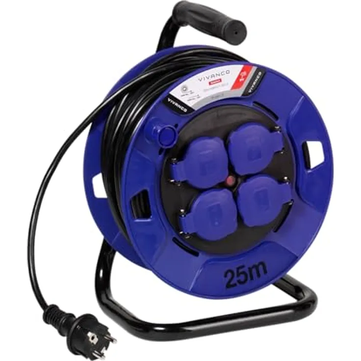 VIVANCO Outdoor Kabeltrommel 4 Schutzkontakt Steckplätze, IP44 zertifiziert, 25m Länge