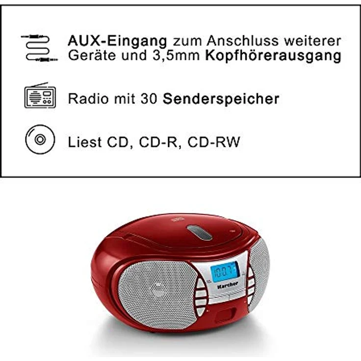 Karcher RR 5025-R tragbares CD Radio (CD-Player, UKW Radio, Batterie-Netzbetrieb, AUX-In) rot – Bild 4