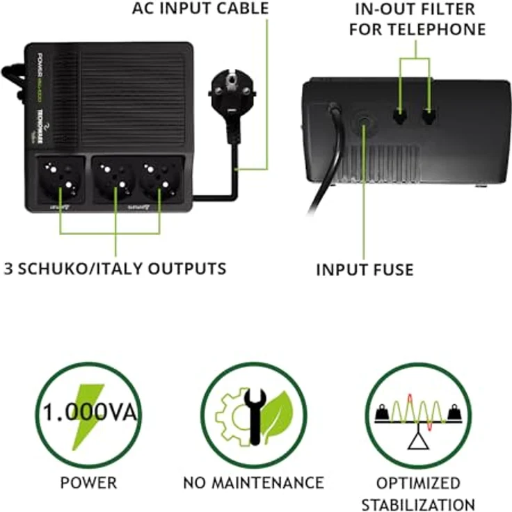 Tecnoware Spannungsstabilisator 1000VA, einphasiger Stromregler für Modem, Router und PC, Schutz vor Stromschwankungen, 3 Schuko-Ausgänge, LED Statusanzeige – Bild 2