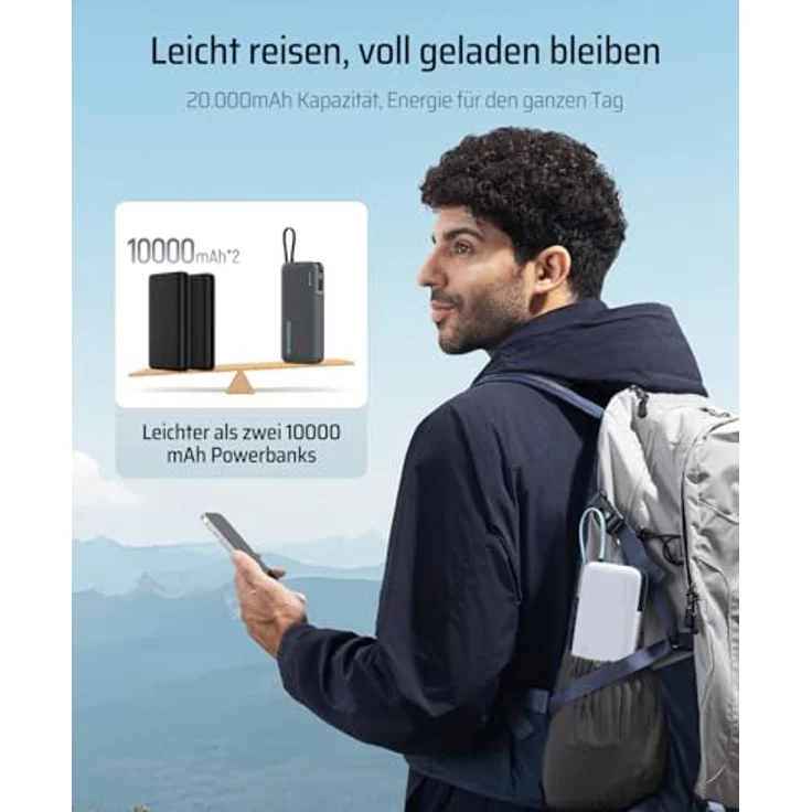Cuktech CUKP200N, 55W 20000mAh Powerbank mit integriertem USB-C Kabel und drei Anschlüssen, kompakt und robust – Bild 5