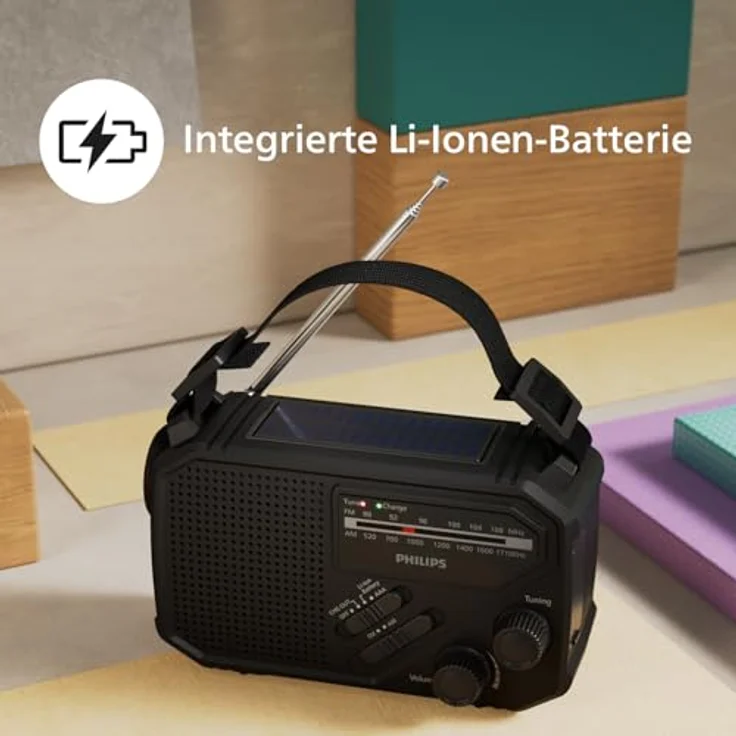 Philips TAR1609 FM/AM-Kofferradio mit internem aufladbarem Akku, AAA-Batterie und Kurbel, Solarzelle, integrierte LED-Leuchte und Taschenlampe - Schwarz – Bild 5