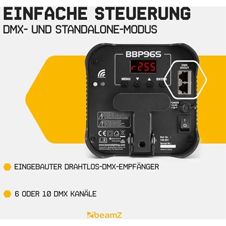 BeamZ BBP96SB Bodenstrahler, Akkubetriebener LED-Uplight Par mit 6x 12W 6-in-1 RGBAW-UV LEDs, Schwarz, bis zu 9 Stunden Betriebszeit, DMX-fähig – Bild 6