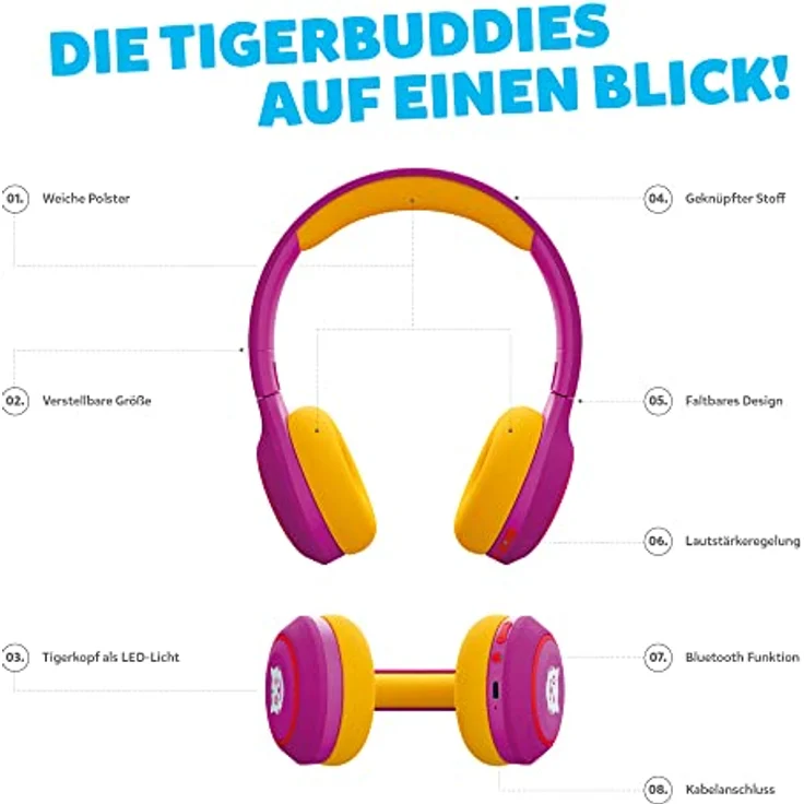 tigermedia tigerbuddies Kinderkopfhörer pink rosa on-Ear Bluethooth Lautstärkebegrenzung 85 dB kabellos faltbar in Premium-Qualität, 145x191.5x76.5mm – Bild 3