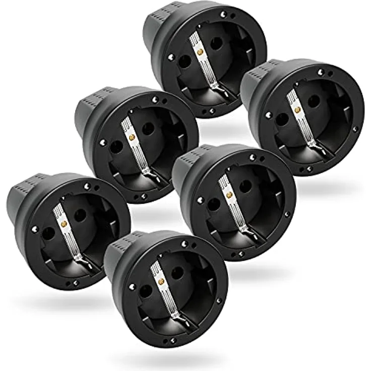 greate 6x Schuko Kupplung IP44 Aussenbereich mit Knickschutz - Gummi Kupplung 230V mit Zugentlastung, 2-polig, 16A & 3,7kW - Schukokupplungen Schutzkontakt Kupplung Kabel Kupplung Gummikupplung 230V, 6er Pack in Schwarz