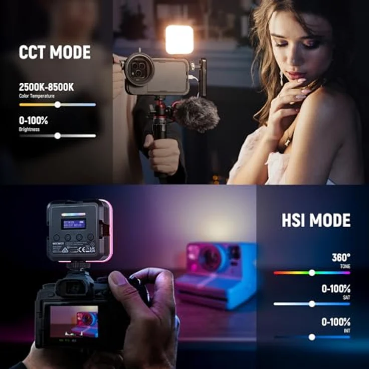 NEEWER RGB61 Kamera Videolicht, 360° Vollfarb Magnetisches Mini LED Panel mit 3 Cold Shoe Mounts, 2500K-8500K Farbtemperatur, CRI 97+, 20 Szenenmodi, 2000mAh Akku, Fotografie Zubehör – Bild 2