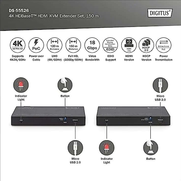 DIGITUS ASSMANN HDBaseT KVM Extender Set, 150 m 4K/60Hz, USB 2.0, PoC, IR, schwarz – Bild 2
