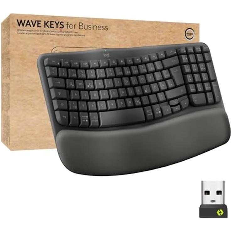 Logitech Wave Keys for Business, kabellose ergonomische Tastatur mit gepolsterter Handballenauflage, sichere Logi Bolt Technologie, Bluetooth, kompatibel mit Windows/Mac/Chrome/Linux – Grafit