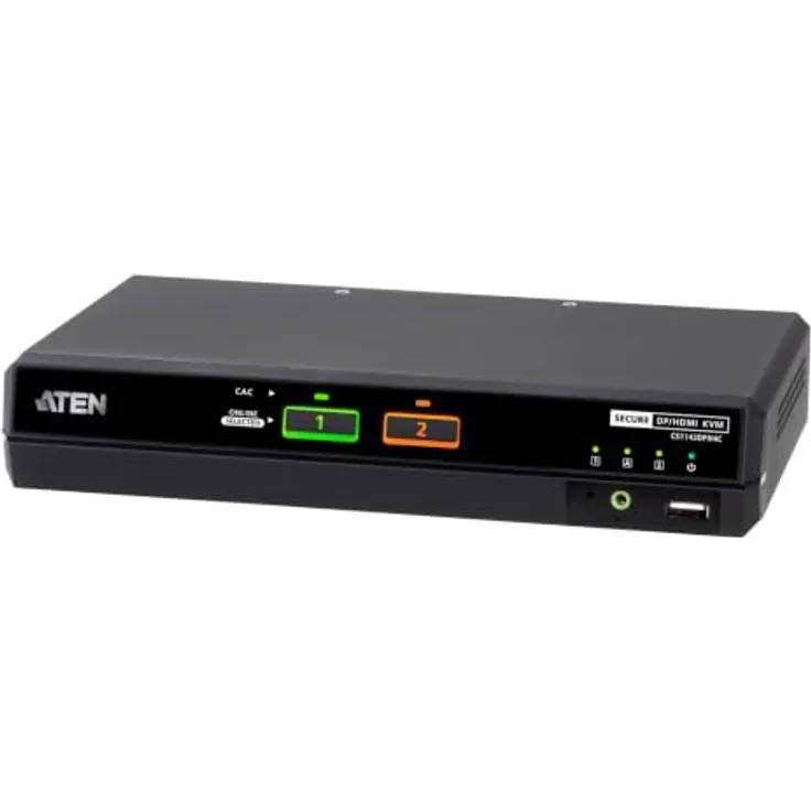 ATEN CS1142DPH4C 2-Port USB KVM Switch, 5K DP/HDMI, Dual Bildschirm, mit Cardreader und sicherer Gehäuse-Angriffserkennung