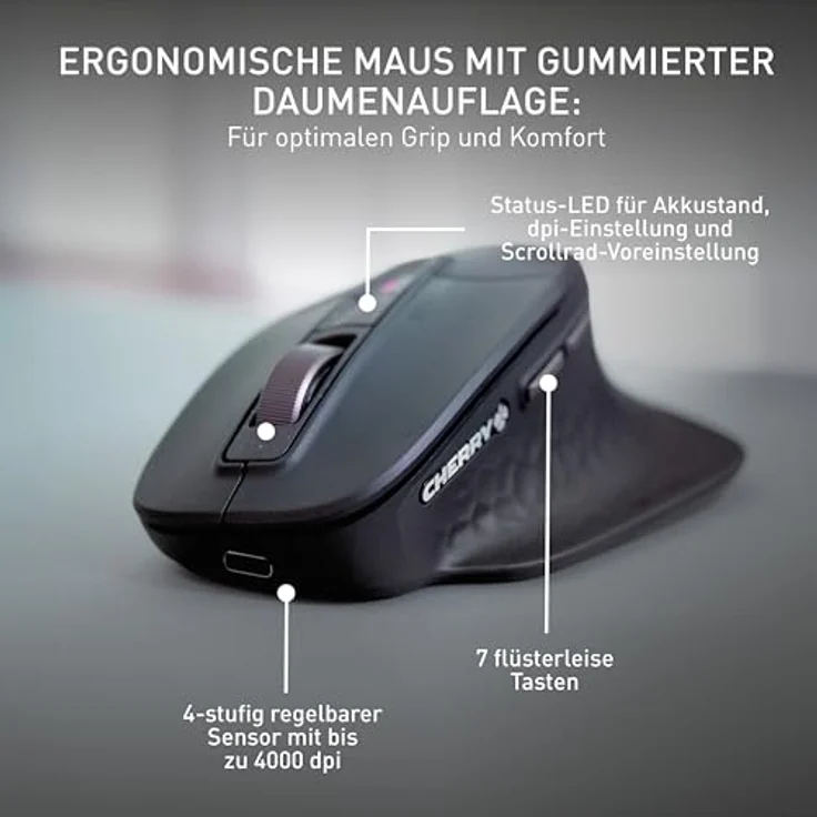 CHERRY Stream Desktop Ultimate, Kabelloses Multi-Device Tastatur-Maus-Set mit ergonomischer Rechtshändermaus, Französisches Layout (AZERTY), Schwarz, Aufladbar, 5-stufig dimmbare Beleuchtung – Bild 5