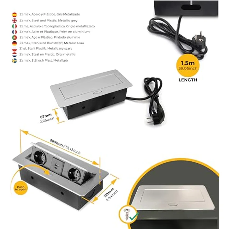 Emuca Tischsteckdosenleiste, Metallic-grau, 2x F-Typ Steckdosen, 2x USB-Anschlüsse, 265x120mm, inkl. 1,5m Kabel – Bild 2