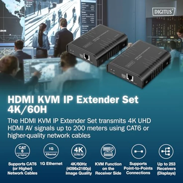 Digitus HDMI KVM IP Extender Set, 4K/60Hz, KVM Switch für bis zu 253 Empfänger, Schwarz – Bild 2