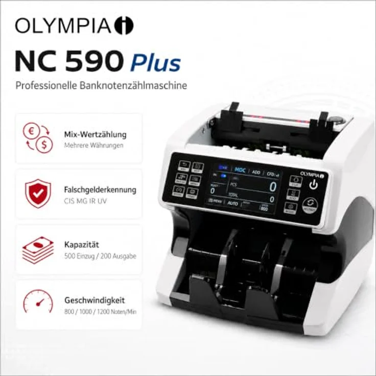 Olympia NC 590 Plus Banknotenzählgerät, Mix-Wertzählung, Fälschungserkennung CIS/MG/IR/UV, 500 Noten Eingabe, TFT-Kundendisplay – Bild 2