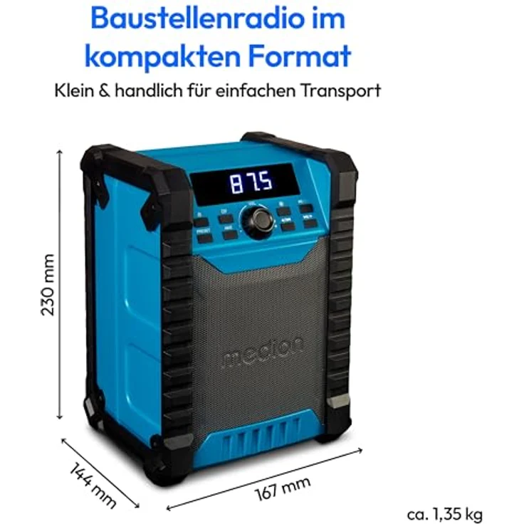 MEDION E65895 Baustellenradio mit Akku (Robustes Gehäuse, Tragegriff, Bluetooth, Spritzwassergeschützt (IP54), UKW Radio, AUX) grün – Bild 2