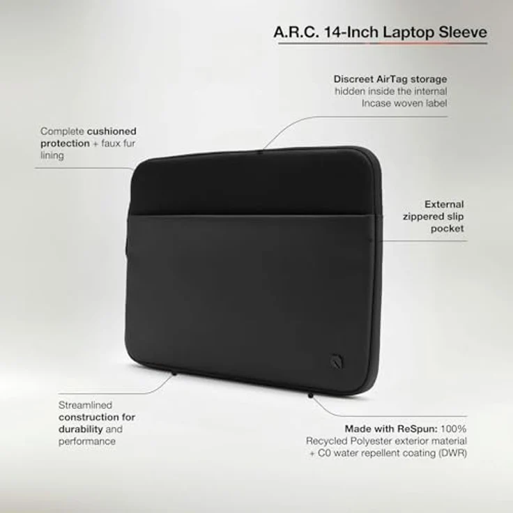 Incase A.R.C. Sleeve für 14-Zoll-Laptop, vollständig gepolstert mit Kunstfellinnenfutter, recyceltes Polyester, Schwarz – Bild 3