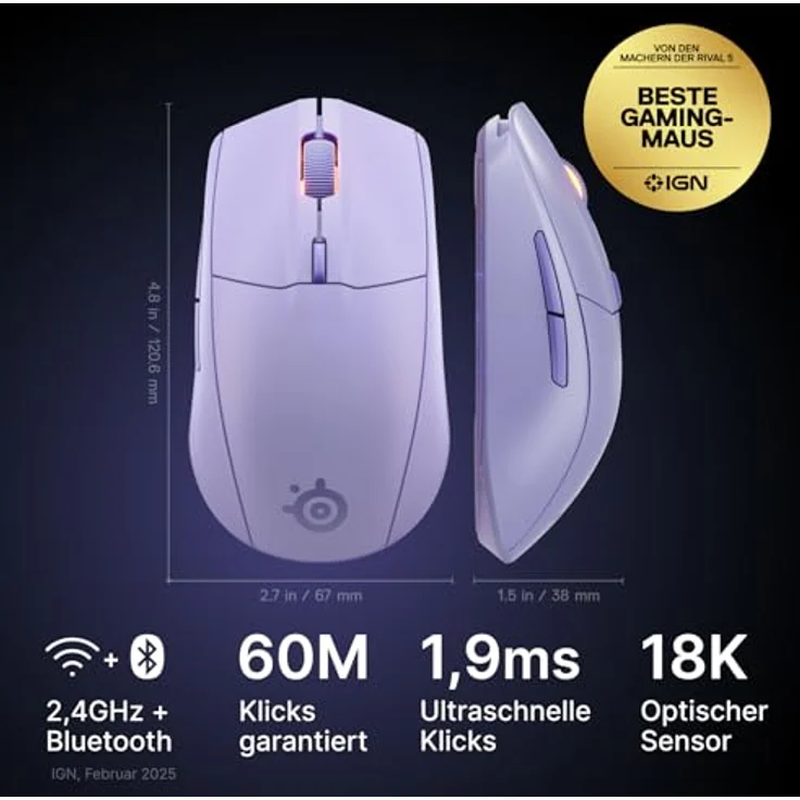 SteelSeries Rival 3 Wireless Gen 2 Gaming-Maus, 2,4 GHz und Bluetooth, 18.000 DPI TrueMove Air-Optiksensor, 60 Mio. Klicks, ultraleicht, PTFE-Gleitfüße, lavendel – Bild 2