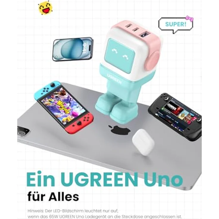 Ugreen Ug35855, GaN Fast 65W USB-A & USB-C Wandladegerät mit LED-Anzeige, Roboterdesign – Bild 7