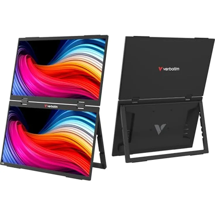 Verbatim Dual Portable Monitor 15,6", mobiler Full HD Bildschirm aus Kunststoff mit 2x USB-C und HDMI-Anschluss für Laptop, Tablet, Smartphone, PS5, Nintendo Switch