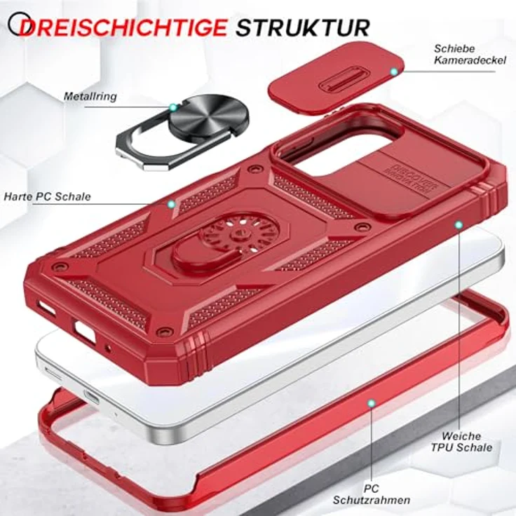 LeYi Kameraschieber Hülle für Samsung Galaxy A16 5G, Militärschutz Cover mit Schiebekamera Abdeckung, rot, inkl. 2 Displayschutzfolien, Stoßfest und drehbarem Metallring – Bild 3