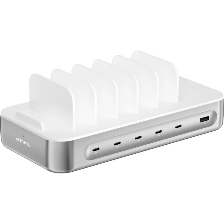 4smarts Ladestation Team 100W 5C/1A, Ladegerät für bis zu 9 Geräte, inkl. 5 USB-C-Kabel und 4in1-Kabel, Schnellladung, Silber
