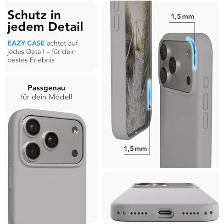 EAZY CASE Premium Silikon Hülle für iPhone 17 Pro - Stoßfest, Kameraschutz, kratzresistentes Slim Case mit Mikrofaser-Innenfutter - Hellgrau Grau – Bild 3